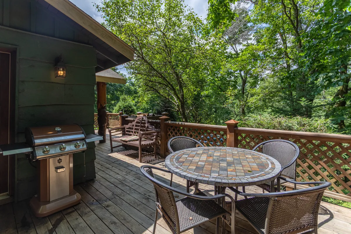 An inviting outdoor dining area is shown, complete with a grill, a table for alfresco meals, and comfortable seating under the trees. The natural surroundings suggest opportunities for barbecues and relaxed family evenings outdoors.