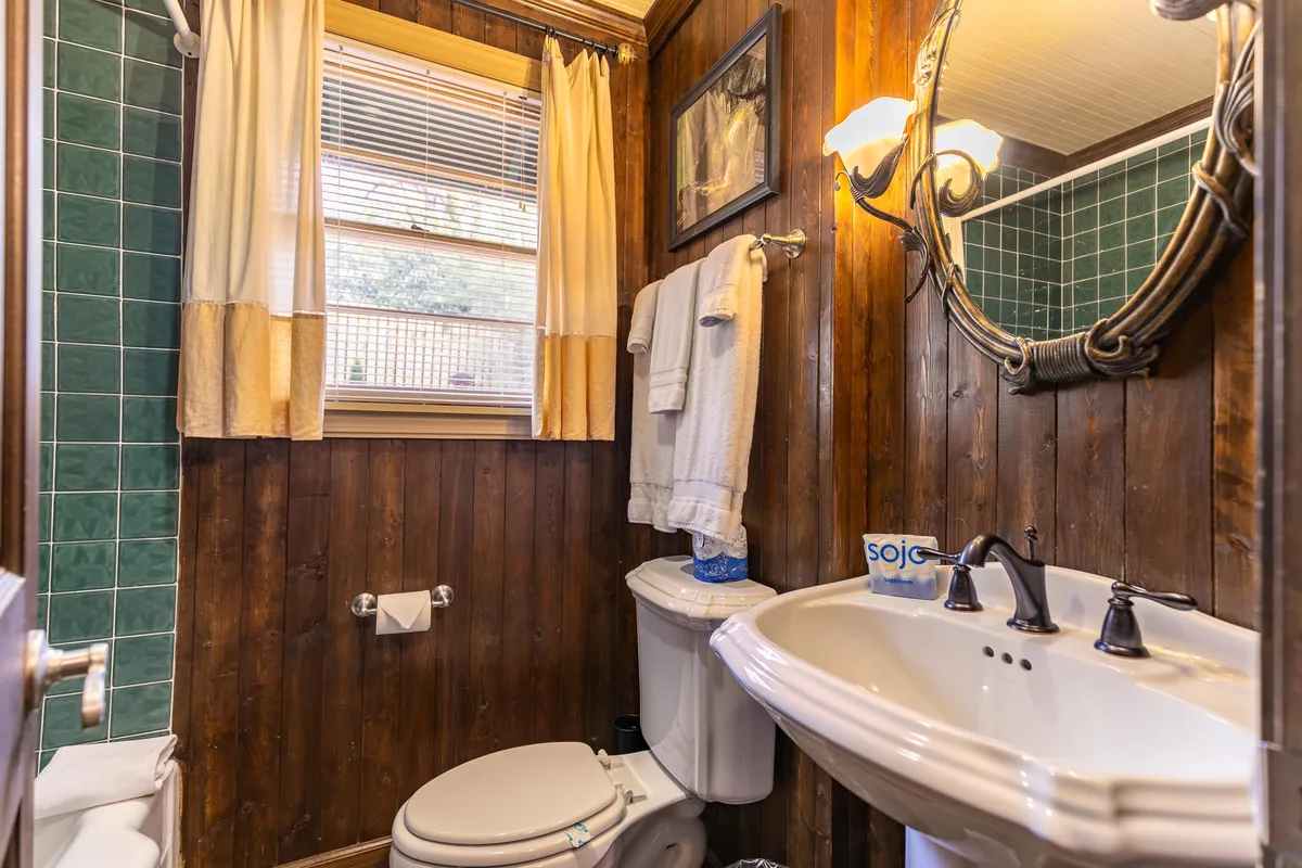 A spa-inspired bathroom showcasing a vintage framed mirror above a stylish sink, wood paneling on the walls, and a glimpse of a tiled shower. The bright yet soothing mood evokes a sense of relaxation and luxury.